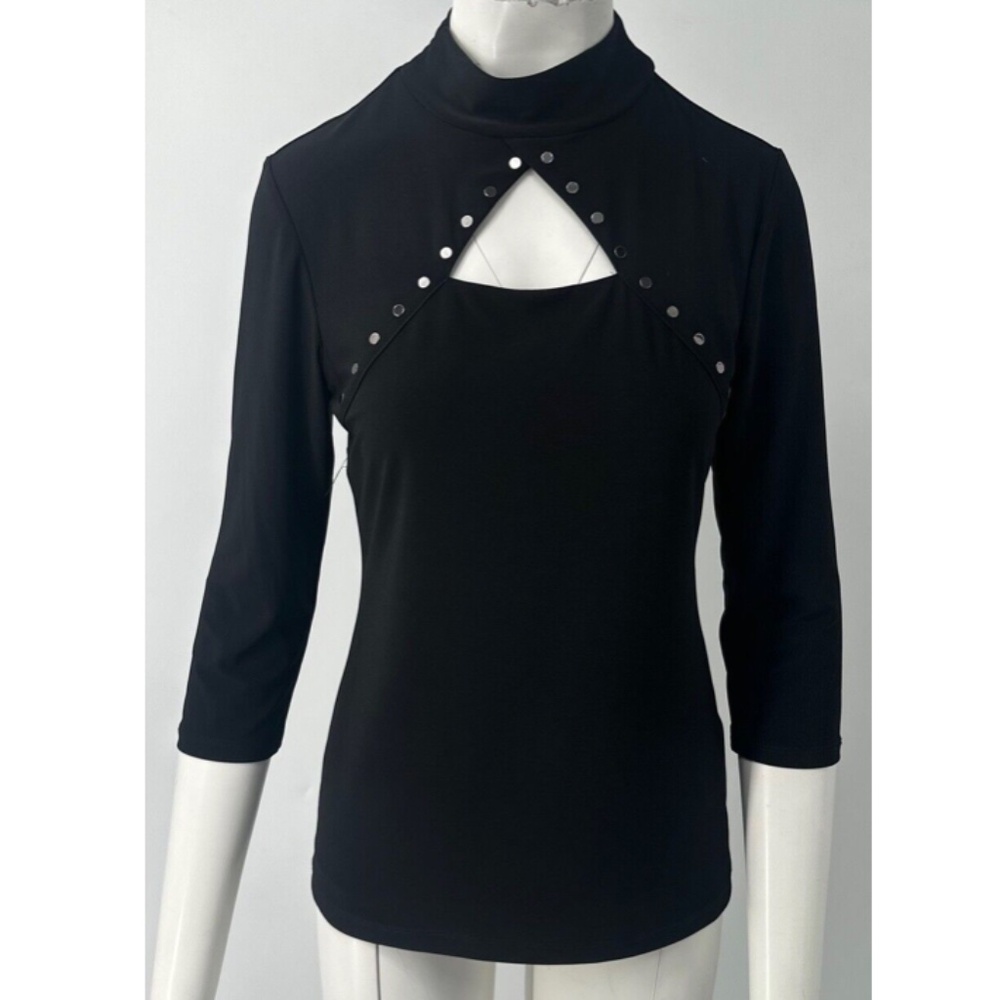 Joseph Ribkoff black studded cutout 3/4 sleeve mock neck blouse NWT sz 6